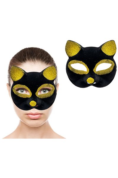 kapsulavm Black Color Gold Glitter Suede Coated Cat Mask 18x14 cm