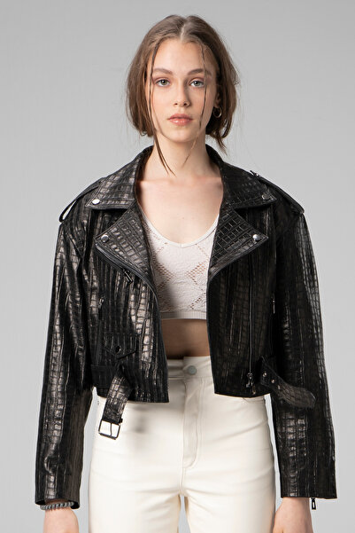 Dericlub H.quinn Crop Biker Kadın Deri Mont Siyah Baskılı