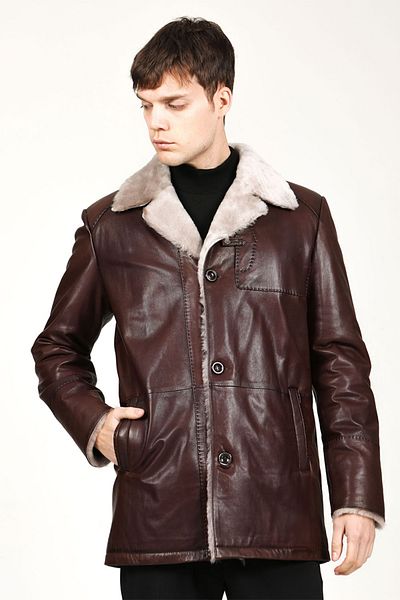 Dericlub Arizona Red Men's Genuine Leather Coat - Buttoned and Fur Inside