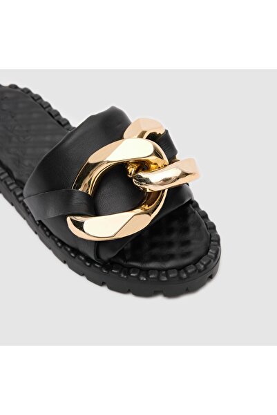 TOGO Siyah Hakiki Deri Kadın Tokalı Terlik [060222]