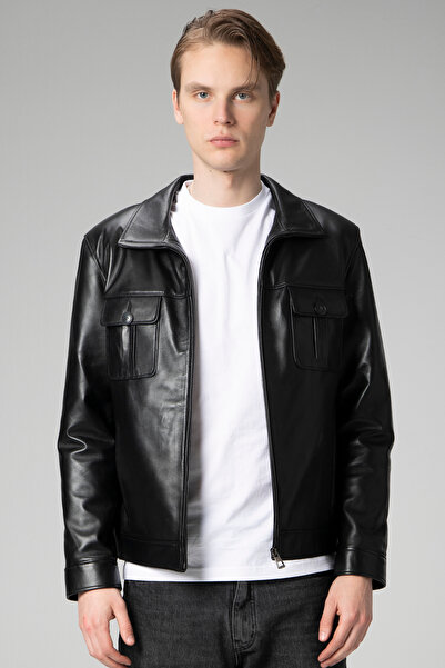 Dericlub Tiran Erkek Slim-fit Hakiki Deri Mont Siyah