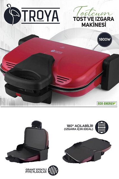 TROYA Granite Plate Tostcum Electric Grill & Machine - Reliable Eco 1800W 6 Slice