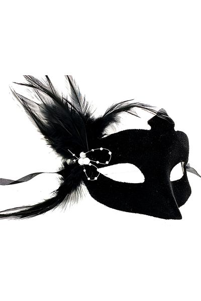 nuit dose Black Color Side Feather Suede Coated White Pearl Party Mask 18X15 cm