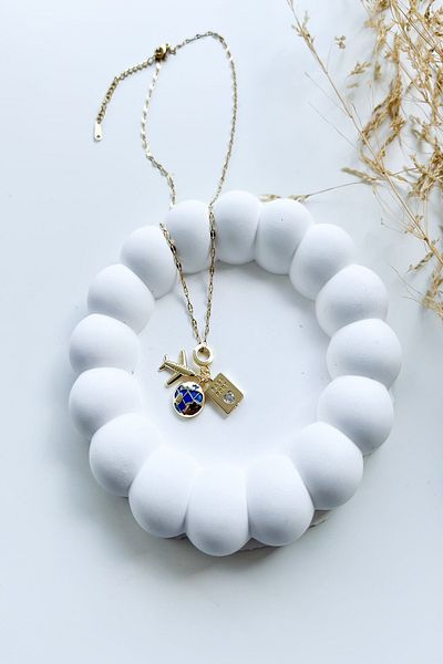 Pretty Triple Charm Passport Airplane and World Model Gold Color Stainless Steel Necklace