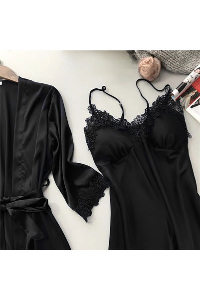 moda4b Women's 5 Piece Satin Laced Nightgown Bridal Dowry Set Black 30740