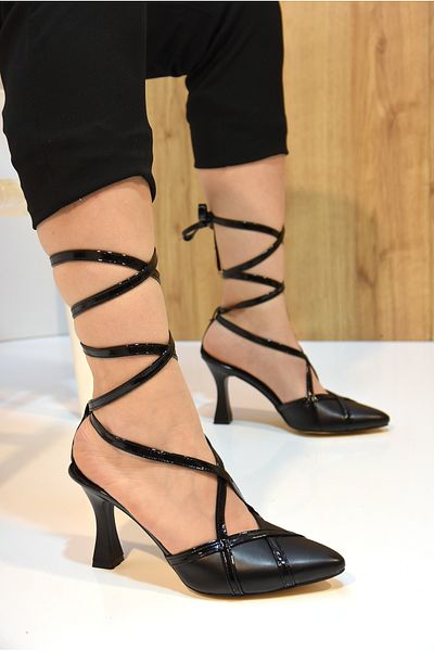 Prego Women's Black Heeled Shoes - Closed Toe and Wrapped on the Ankle
