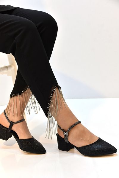 Prego Wiesse - Black Stone Piping Detailed Heeled Casual Women's Shoes