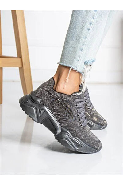 Prego (Tayyar) Gri Taşlı Yüksek Taban Bağcıklı Poli Hafif Taban Kadın Spor GUMÜŞ
