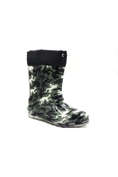 Prego Cizme de ploaie pentru copii din plastic din lână fleece - NEGRU VERDE
