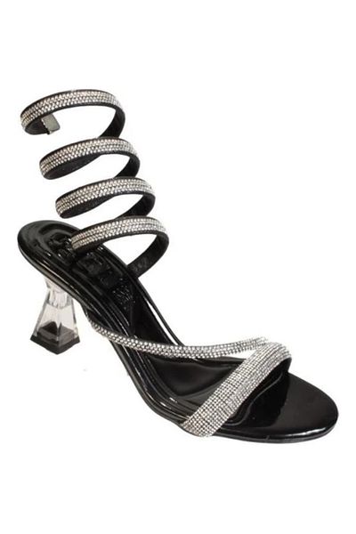 Prego Black Stoned and Silver Spring Transparent Women's Heeled Shoes