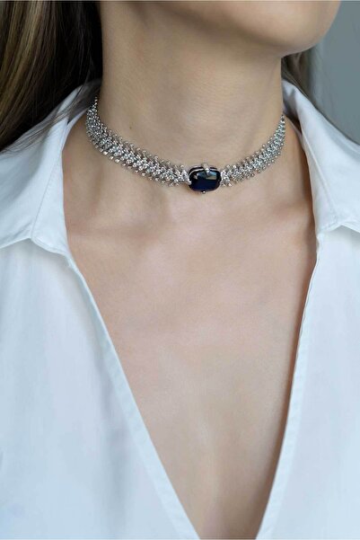 So CHIC... Gece Mavisi 18 Ayar Beyaz Altın Kaplama Gümüş Choker Gerdanlık