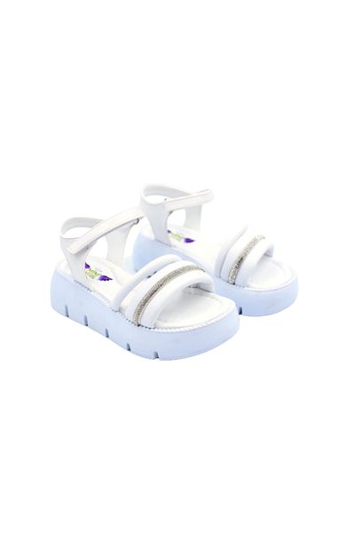 Prego Mini Angel - Sandale albe pentru copii, detaliu cu tuburi de piatră, velcro, talpă ușoară