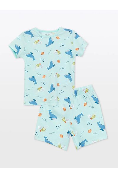 LC Waikiki Lcw Baby Mint Green Printed Crew Neck Short Sleeve Printed Baby Boy Pajamas Set with Shorts
