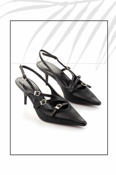 Prego PineCone3 Buckle Detailed Black Heeled Women's Shoes