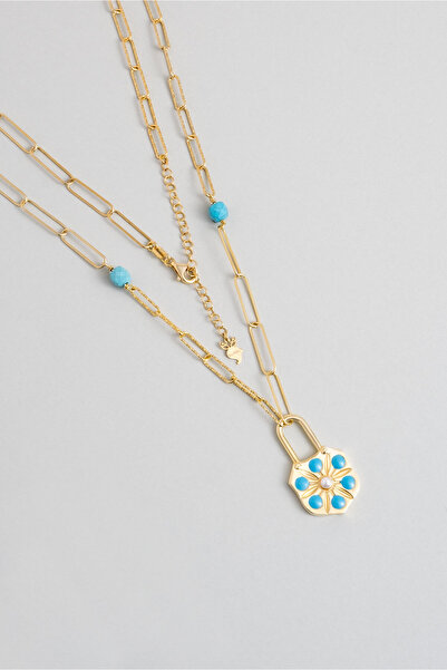 So CHIC... Mistik Turkuaz 18 Ayar Sarı Altın Kaplama 53 Cm Gümüş Kolye