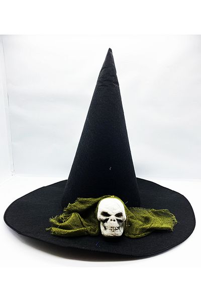 nuit dose Black Color Green Veiled Skull Themed Witch Hat 35x38 cm