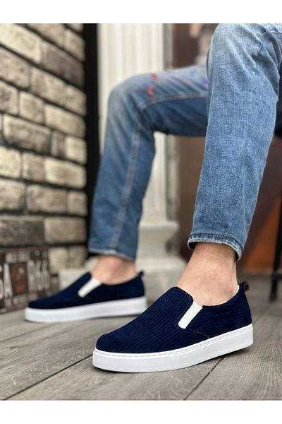 BOA BA0339 Velvet Navy Blue White Sole Casual Men's Shoes - Laceless