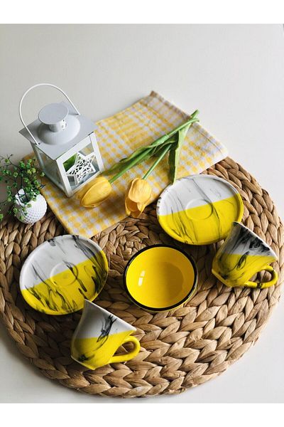 Den Tasarım Hediyelik Den Design Yellow Ceramic Coffee Cup Set for 2 People