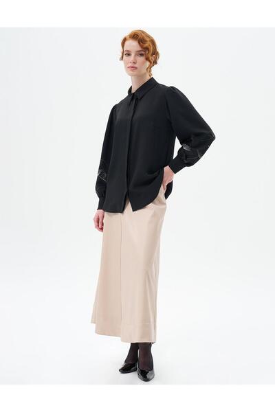 Kayra Nakışlı Gömlek Yaka Bluz Siyah