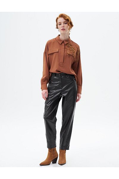 KYR Faux Leather Dark Brown Trousers - Metal Accessory Detail
