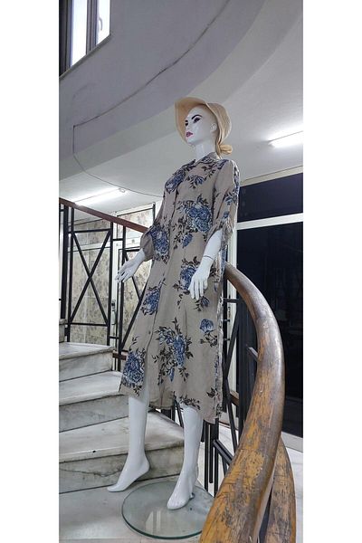 Bohem Stil Ιταλικό πουκάμισο γιακάς με μακρυμάνικο ψηφιακό εμπριμέ λινό φόρεμα