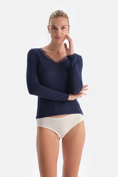 Dagi Marineblaue 5015Kc Modal-Kaschmir-Spitzenbluse mit V-Ausschnitt und langen Ärmeln
