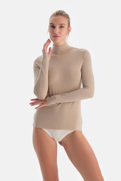 Dagi Milky Brown 5118Kc Modal Cashmere Turtleneck Long Sleeve Top