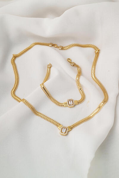 Bilezikci Örme Zincirli Baget 14 Ayar Altın Set