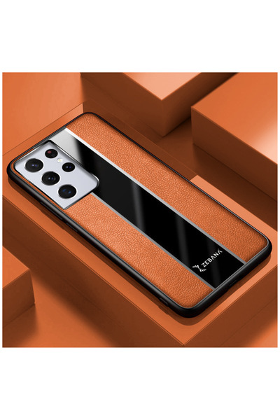 Zebana Samsung Galaxy S21 Ultra Uyumlu Kılıf Premium Deri Kılıf Kahverengi