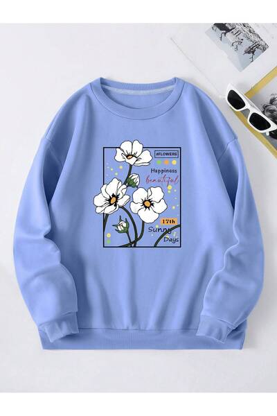 SeusCraft Hanorac Flowers Happiness - Albastru Bebe, Imprimat, Supradimension...