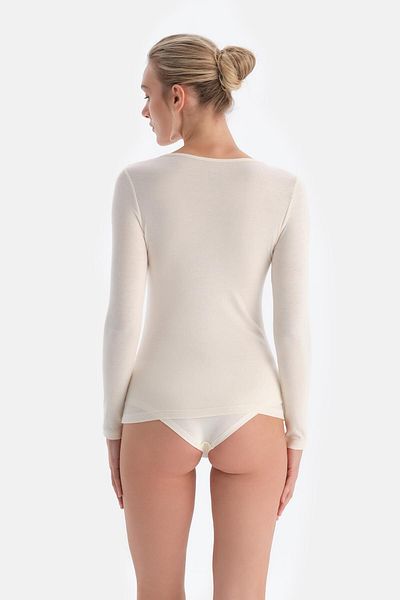 Dagi Ecru 5015Kc Modal-Kaschmir-Spitzenbluse mit V-Ausschnitt und langen Ärmeln