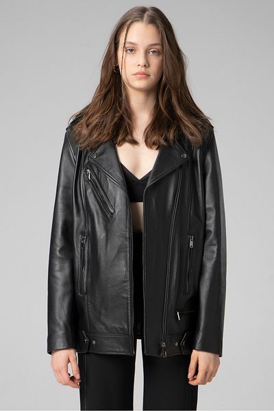 Dericlub Wm020 Real Leather Collar Furry Women's Coat Black