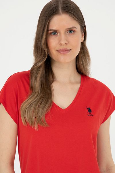 U.S. Polo Assn. Tricou roșu de damă cu decolteu în V -50285849-vr030