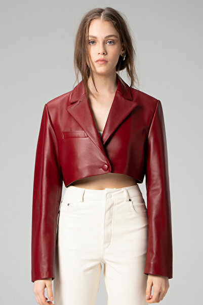 Dericlub Jasmine Kadın Crop Blazer Hakiki Deri Ceket A.bordo