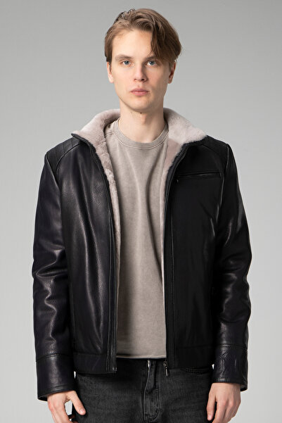 Dericlub Akron Erkek Jumbo Içi Kürklü Hakiki Deri Kaban Lacivert