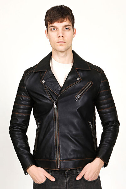 Dericlub Toronto Erkek Silme Motorcu Hakiki Deri Mont Siyah/taba