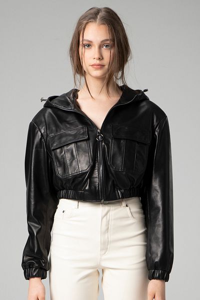 Dericlub Barbara Women - Black Crop Coat, Genuine Leather and Hood