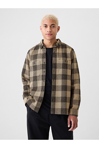 GAP Erkek Kahverengi Waffle Örgü Flannel Gömlek