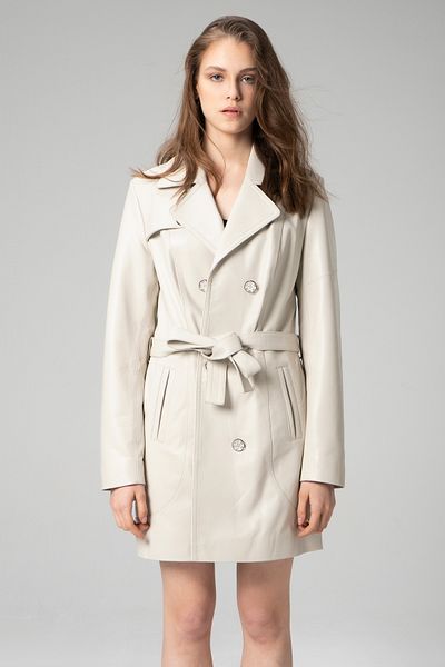 Dericlub Beige Cosmos Women's Trench Coat - Buttoned, Genuine Leather, Double Breasted Collar