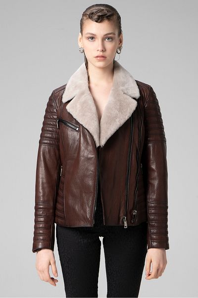 Dericlub Artemis Jumbo Collar Fur Hazelnut Genuine Leather Women's Coat