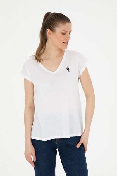 U.S. Polo Assn. Tricou de bază alb cu decolteu în V pentru femei 50285849 -VR013