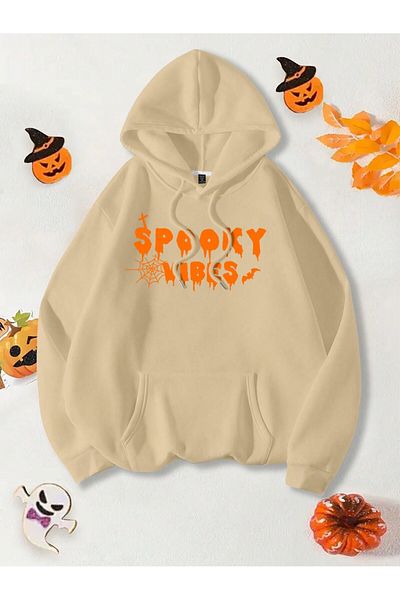 aynewmoda Hanorac cu glugă supradimensionat ecru cu model Halloween Spook Wibes