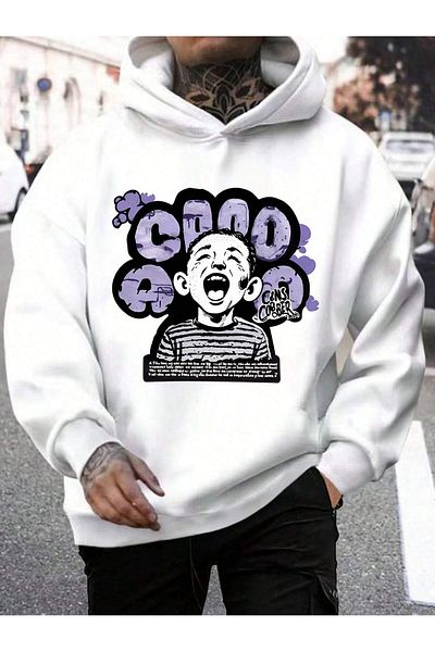 aynewmoda Λευκό Oversize Φούτερ με κουκούλα - Για Παιδικό Halloween εμπρός με στάμπα