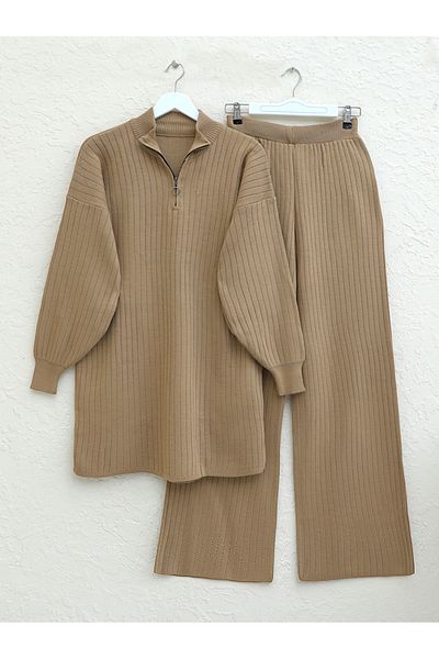 Modamorfo Half-Neck Zippered Knitwear Set - Mink