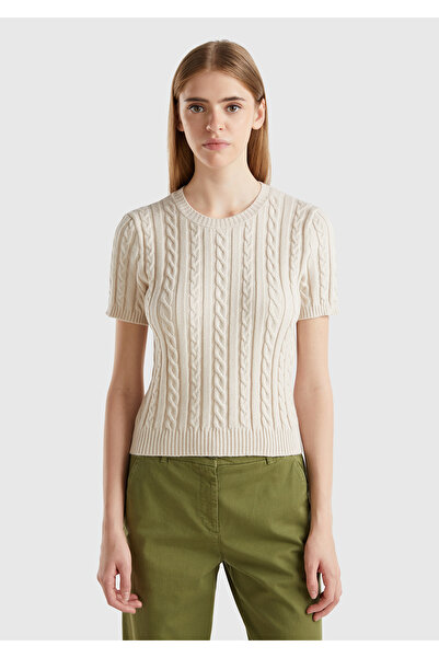 United Colors of Benetton Pulover de damă, alb, amestecat de vâscoze, cu mâne...