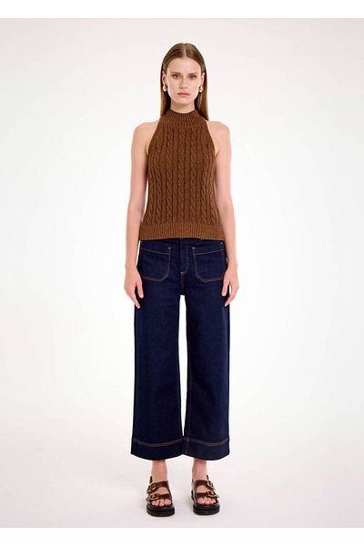 Knitss Кафяв блестящ плетен пуловер с коса