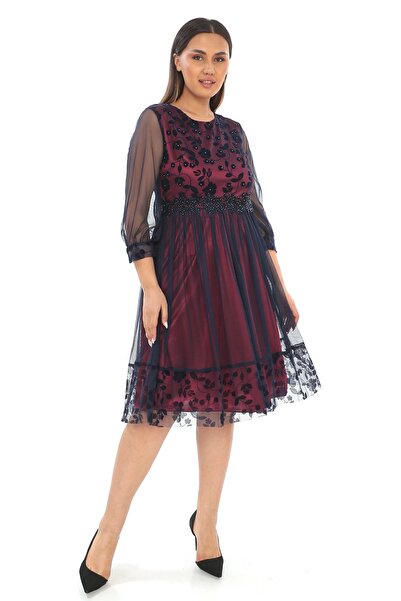 rapellin Tulle Plus Size Dress with Gather Detail, Pearl and Stone Decoration 1625-Bordo