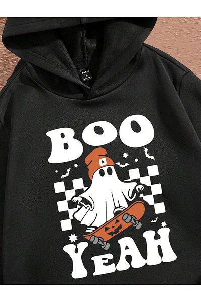 aynewmoda Черен оувърсайз суитшърт с качулка за Хелоуин - суичър с щампа Boo Yeah