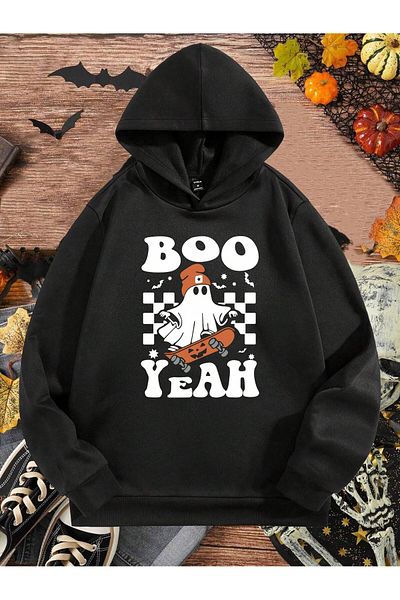 aynewmoda Черен оувърсайз суитшърт с качулка за Хелоуин - суичър с щампа Boo Yeah