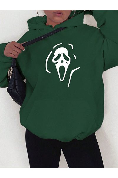 aynewmoda Χακί Oversize φούτερ με κουκούλα για το Halloween - Killer Face εμπρός με στάμπα